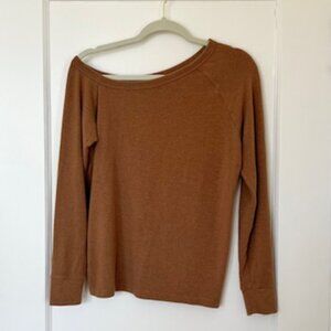 Enza Costa Soft Camel Open Neck Long-sleeved Shirt, Size Small